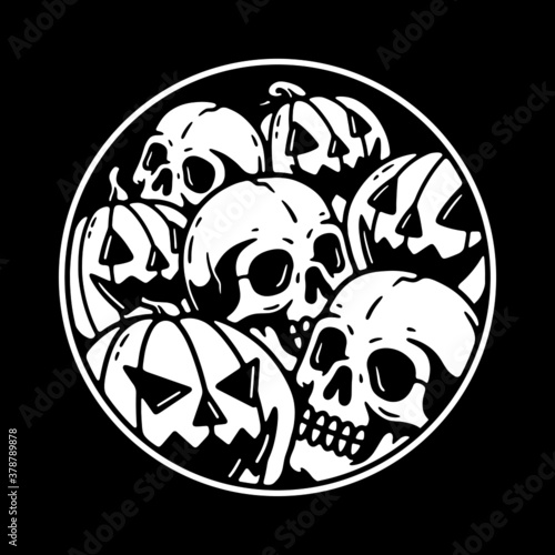 SKULLS AND PUMPKINS CIRCLE PATCH WHITE BLACK BACKGROUND