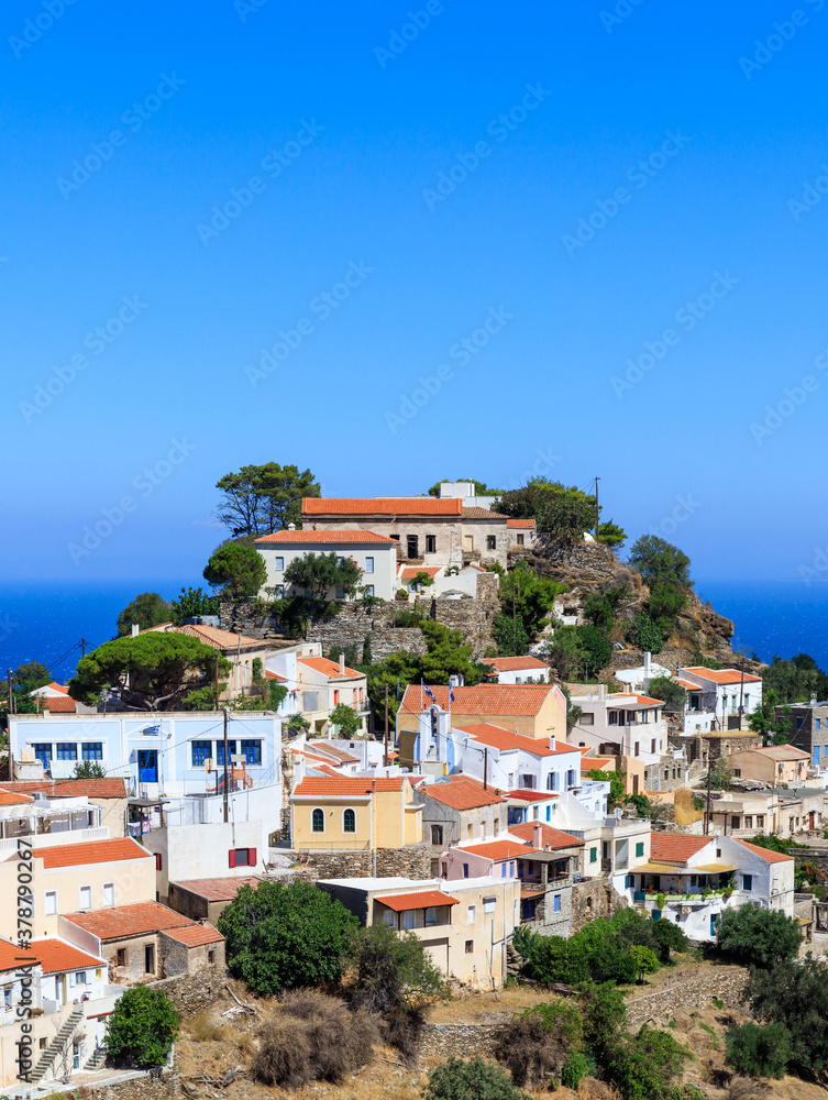 Greece, Kea Tzia island. Capital city Ioulis, blue sky background