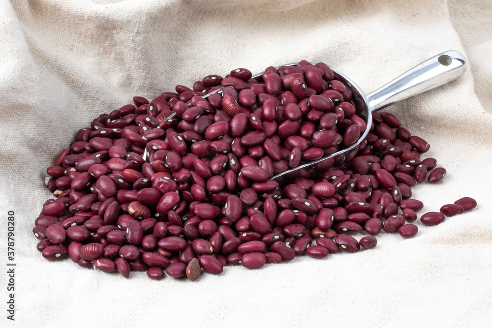 A scoop of raw red chili beans on a cloth sack A scoop of raw red chili beans on a cloth sack