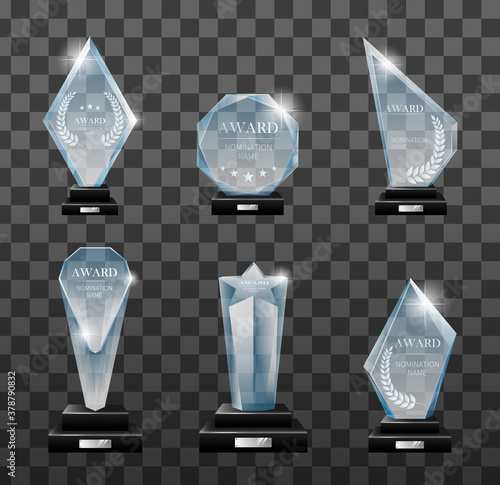Winner podium plate with mirror reflection. Winner glass trophy. First place award, crystal prize and signed acrylic trophies.