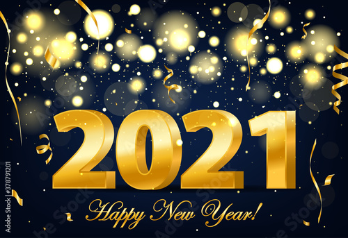 Happy new year 2021 banner with golden luxury lights. Realistic 2021 golden numbers. New year ornament and festive confetti