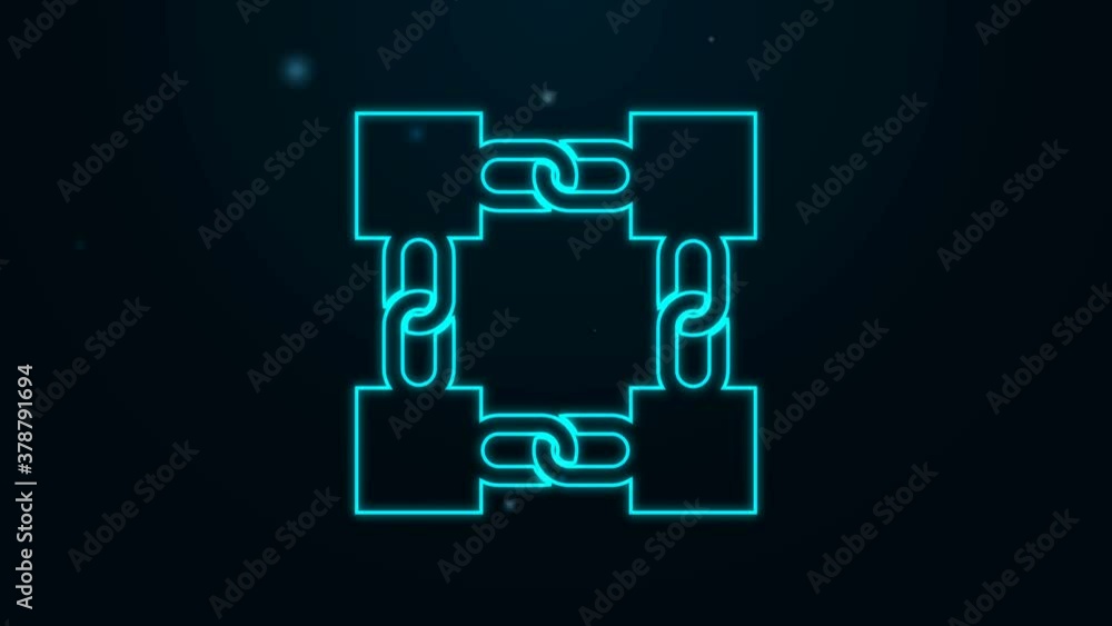 Glowing neon line Blockchain technology icon isolated on black background. Cryptocurrency data. Abstract geometric block chain network technology business. 4K Video motion graphic animation.
