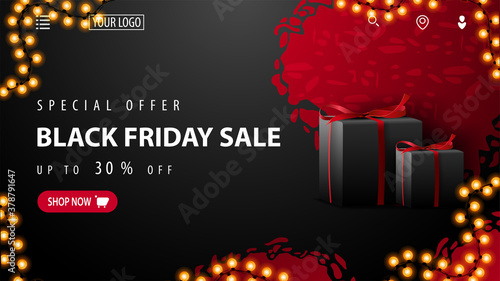 Special offer, Black Friday Sale, up to 30% off, red and black discount banner with abstract ragged shapes, black presents, garland frame and offer with button. Discount banner for website