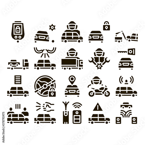 Car Theft Collection Elements Icons Set Vector Thin Line. Car Theft On Truck, Thief Silhouette Near Motorcycle And Van, Signaling And Electronic Key Pictograms. Monochrome Contour Illustrations