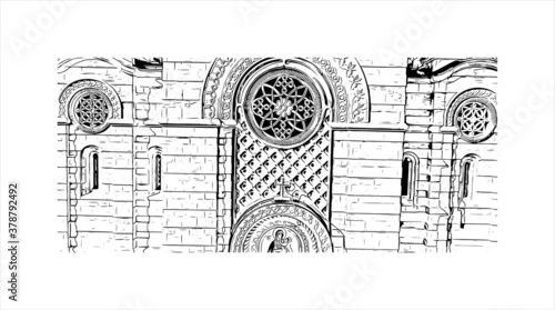 Building view with landmark of Banja Luka is the second largest city in Bosnia and Herzegovina. Hand drawn sketch illustration in vector.