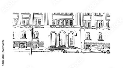 Building view with landmark of Banja Luka is the second largest city in Bosnia and Herzegovina. Hand drawn sketch illustration in vector.