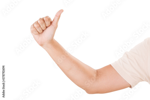 Male asian hand gestures isolated over the white background. Thump Up Pose.