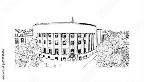 Building view with landmark of Banja Luka is the second largest city in Bosnia and Herzegovina. Hand drawn sketch illustration in vector.