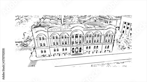 Building view with landmark of Banja Luka is the second largest city in Bosnia and Herzegovina. Hand drawn sketch illustration in vector.