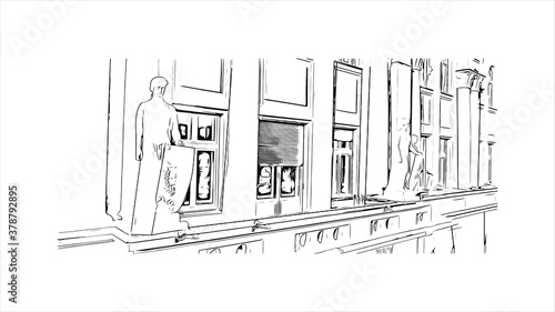 Building view with landmark of Banja Luka is the second largest city in Bosnia and Herzegovina. Hand drawn sketch illustration in vector.