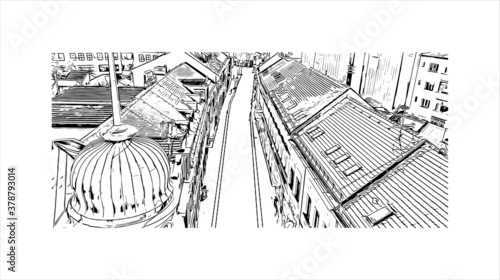 Building view with landmark of Banja Luka is the second largest city in Bosnia and Herzegovina. Hand drawn sketch illustration in vector.