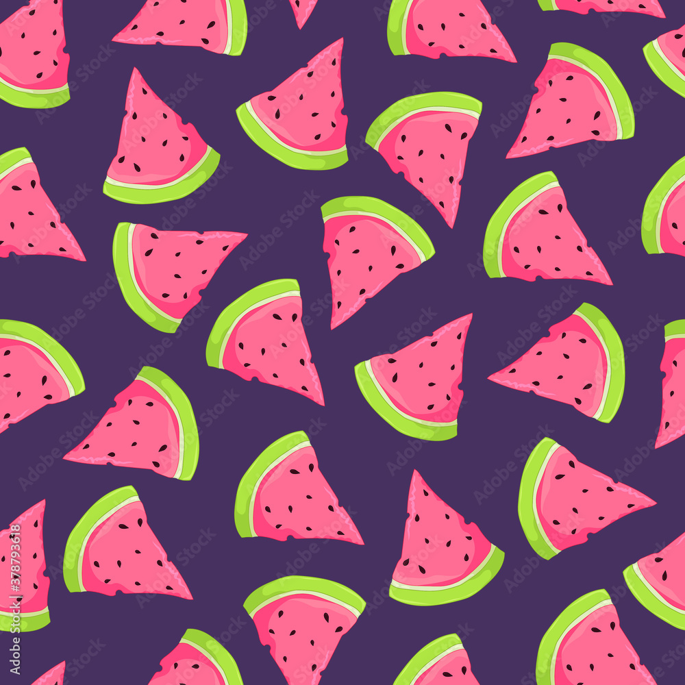 Cartoon watermelon slice seamless pattern template. Colorful contrast vector illustration on dark purple background for games, background, wallpaper, decor. Print for fabrics and other surfaces Cartoon watermelon slice seamless pattern template. Colorful contrast vector illustration on dark purple background for games, background, wallpaper, decor. Print for fabrics and other surfaces