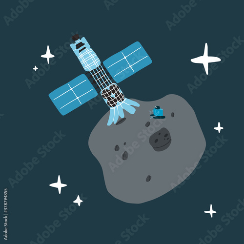 A space station is mining resourses from asteroid. Handdrawn vector futuristic illustration of colony who searching for minerals and water from asteroid.