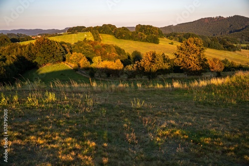 Green pasture, meadow and hills in sunset, Provodov.