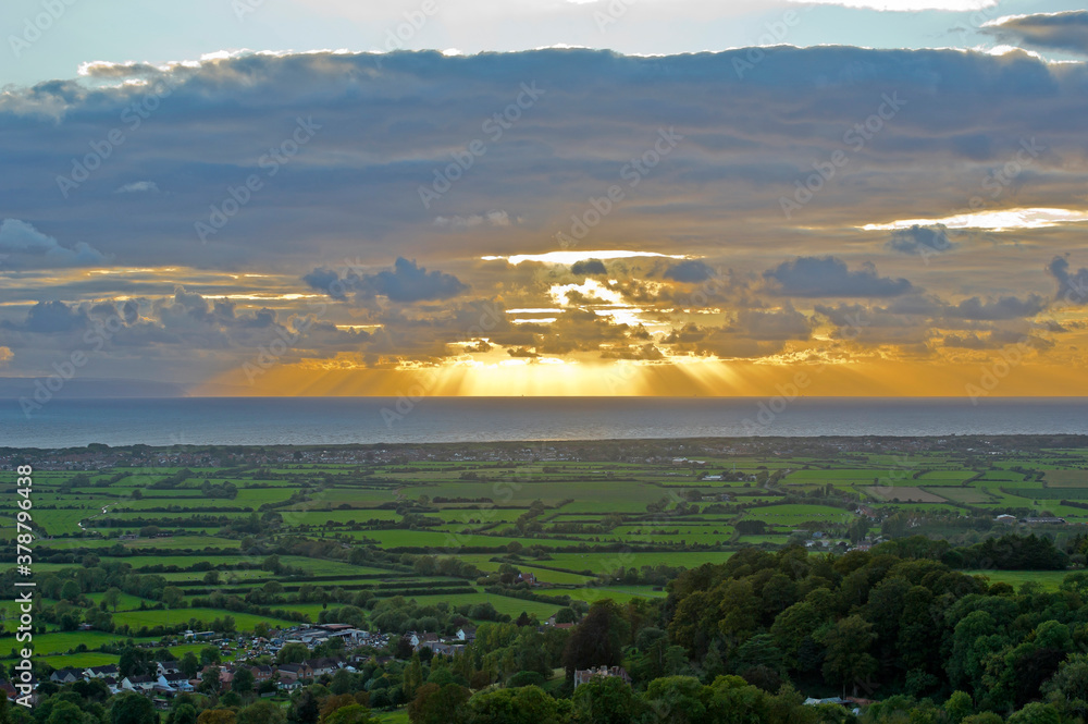 Sunset view from Brent Knoll towards the Bristol Channel, Somerset