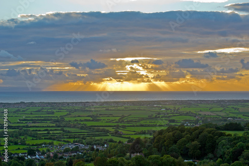 Sunset view from Brent Knoll towards the Bristol Channel, Somerset