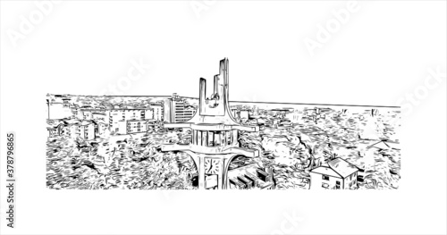 Building view with landmark of Banja Luka is the second largest city in Bosnia and Herzegovina. Hand drawn sketch illustration in vector.