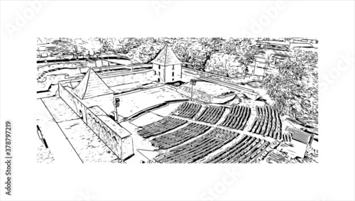 Building view with landmark of Banja Luka is the second largest city in Bosnia and Herzegovina. Hand drawn sketch illustration in vector.