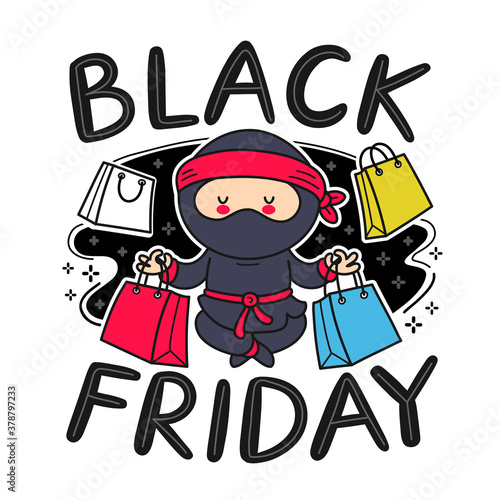 Cute funny ninja with shopping bags character