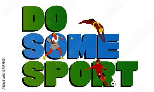 Do some sport cartel con figuras de deportistas, tenista, futbolista y nadadora.