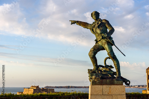 Monument to Robert Surcouf on a rampart of Saint Malo, Brittany, France 