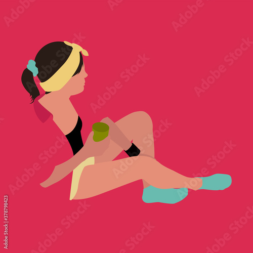 Seated girl in a bandana with a glass. Illustration in the style of minimalism on a pink background.