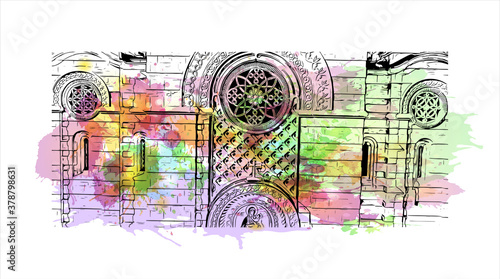 Building view with landmark of Banja Luka is the second largest city in Bosnia and Herzegovina. Watercolor splash with hand drawn sketch illustration in vector.