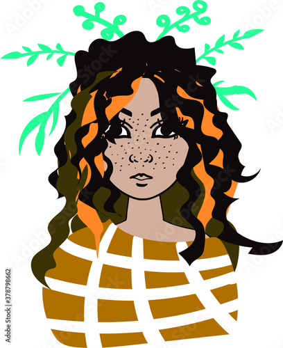 Hand drawing fantasy girl autumn. Cute freckles child with green branches in her curly hair as symbol of the fall or nature. Little nymph lat vector illustration good for postcard or invitation.