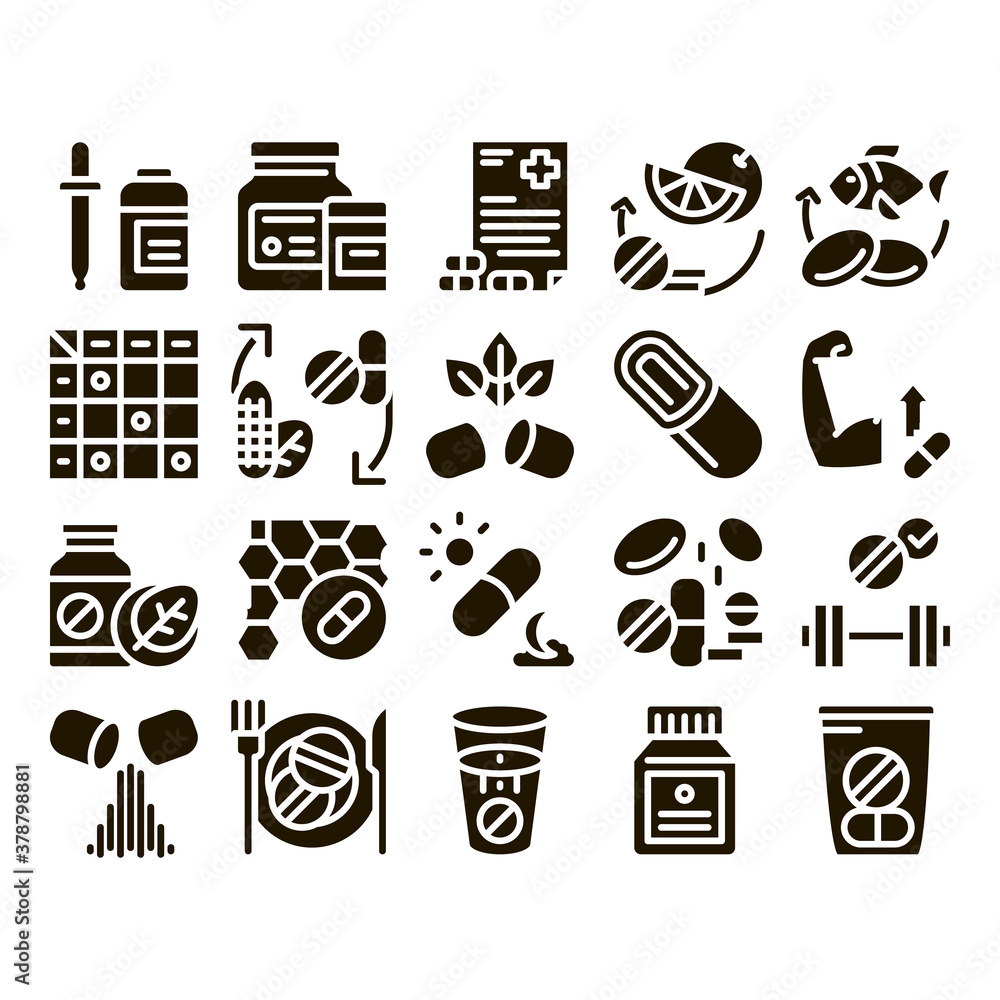 Supplements Collection Elements Icons Set Vector Thin Line. Pills And Drugs, Plastic Container With Dropper Bio Healthcare Supplements Glyph Pictograms Black Illustrations