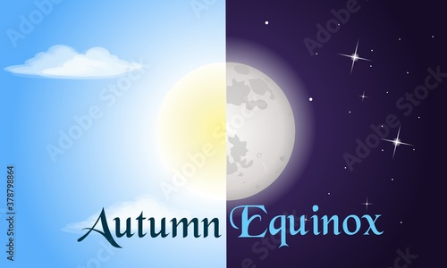 Vector illustration of half sun and half moon as autumn equinox, day and night equal 12 hours. Early fall astronomy. Nights become longer than Days in the Northern Hemisphere.