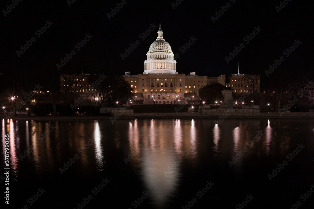 Government building lit up at night, Capitol Building, Washington DC, USA 