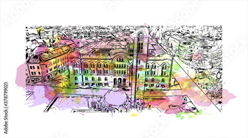Building view with landmark of Banja Luka is the second largest city in Bosnia and Herzegovina. Watercolor splash with hand drawn sketch illustration in vector.