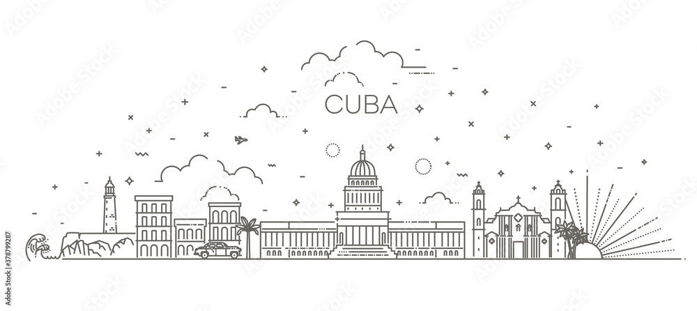 Cuba architecture line skyline illustration. Linear vector cityscape with famous landmarks