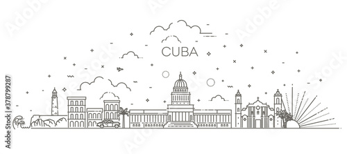 Cuba architecture line skyline illustration. Linear vector cityscape with famous landmarks