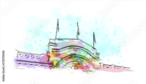 Building view with landmark of Banja Luka is the second largest city in Bosnia and Herzegovina. Watercolor splash with hand drawn sketch illustration in vector.