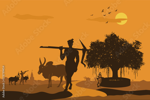 illustration of Indian agriculture with Indian farmer and bulls