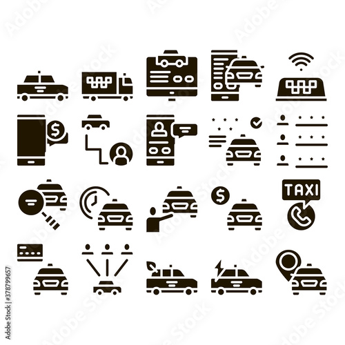 Online Taxi Collection Elements Icons Set Vector Thin Line. Taxi Truck And Car, Mobile Application, Web Site And Human Silhouette Glyph Pictograms Black Illustrations