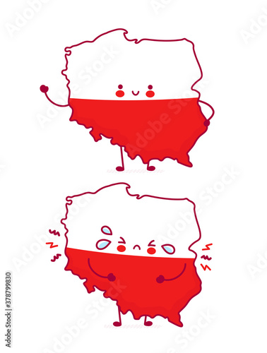 Cute happy and sad funny Poland map and flag