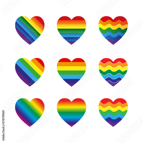 Collection of isolated rainbow hearts on the white background. Pride LGBT vector elements. Usable for banners, cards, posters