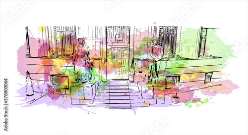 Building view with landmark of Banja Luka is the second largest city in Bosnia and Herzegovina. Watercolor splash with hand drawn sketch illustration in vector.