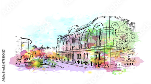 Building view with landmark of Banja Luka is the second largest city in Bosnia and Herzegovina. Watercolor splash with hand drawn sketch illustration in vector.