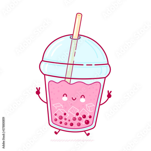 Cute happy funny bubble tea cup jump