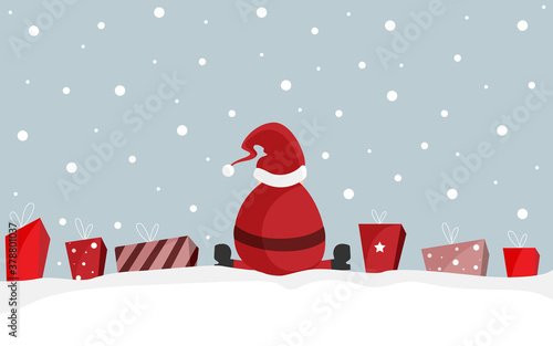 Geschenkkarte - Weihnachtsmann sitzt im Schnee zwischen Geschenken. Geschenkkarte. Banner. Blau