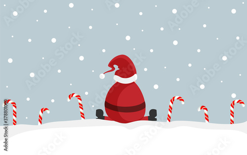 Geschenkkarte - Weihnachtsmann sitzt im Schnee zwischen Zuckerstangen. Banner