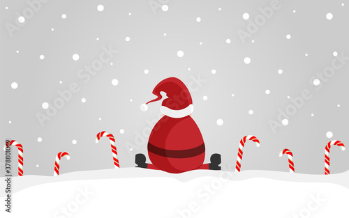 Geschenkkarte - Weihnachtsmann sitzt im Schnee zwischen Zuckerstangen. Banner. Grau