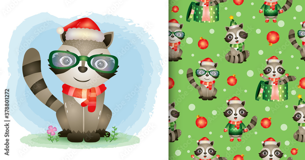 Fototapeta premium a cute raccoon christmas characters with santa hat and scarf. seamless pattern and illustration designs