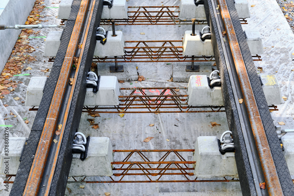 The new light rail tracks are under construction.