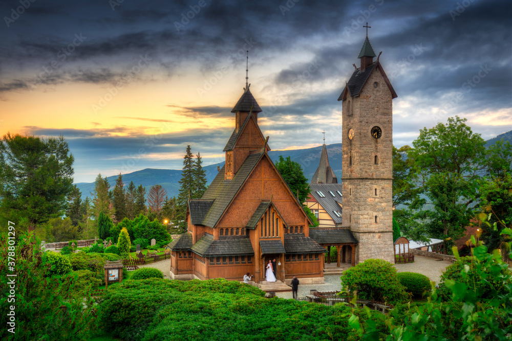 Beautiful Vang Stave Church in karpacz at sunset, Poland