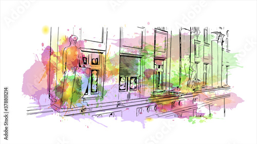 Building view with landmark of Banja Luka is the second largest city in Bosnia and Herzegovina. Watercolor splash with hand drawn sketch illustration in vector.