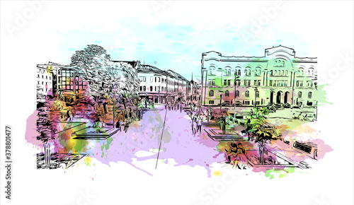 Building view with landmark of Banja Luka is the second largest city in Bosnia and Herzegovina. Watercolor splash with hand drawn sketch illustration in vector.